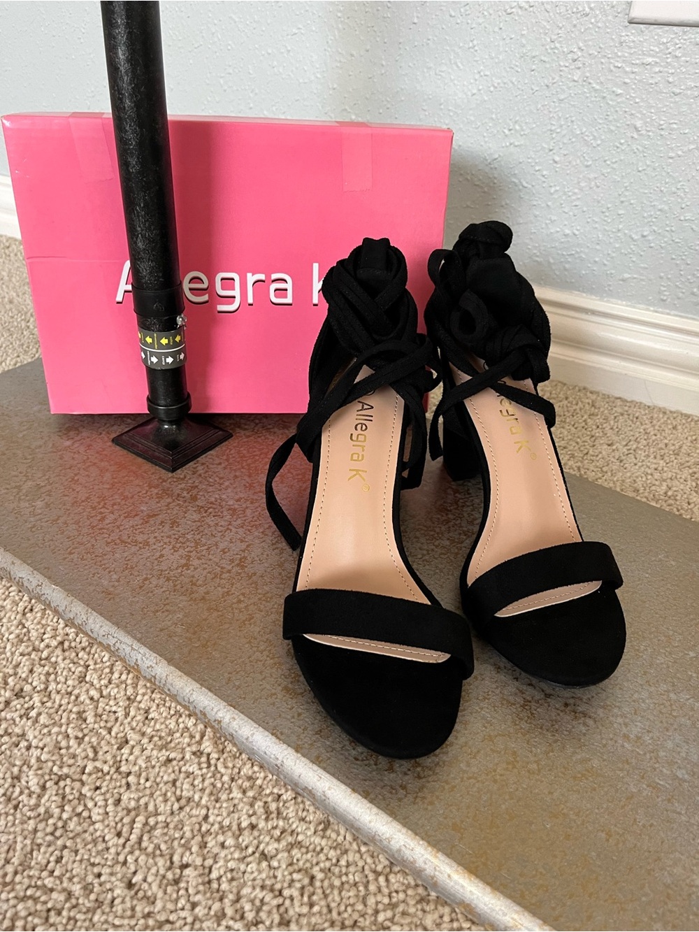 Allegra K Black Lace-Up Suede Block Heel Sandals